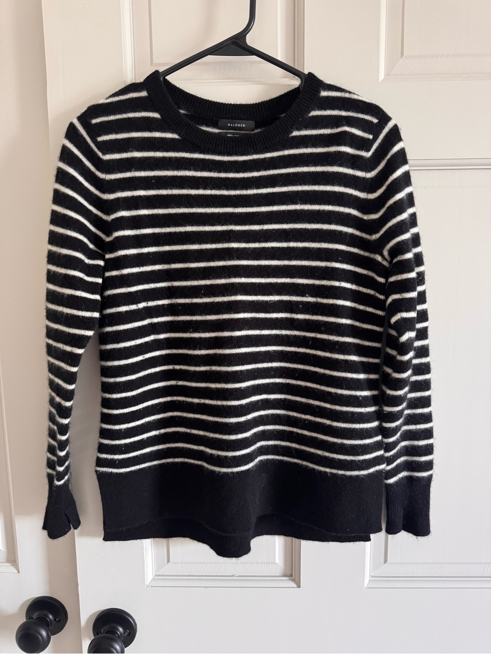 Halogen black and ivory stripe crewneck 100% cashmere sweater S